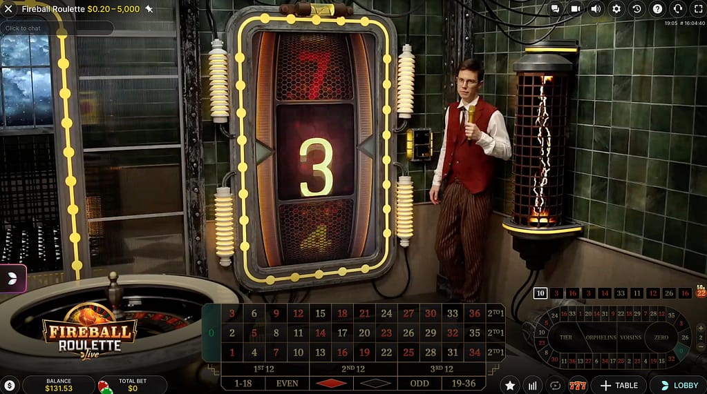 Fireball Roulette dealer standing beside the Fireball lever slot machine showing the number 3, which determines how many bonus numbers are drawn this round