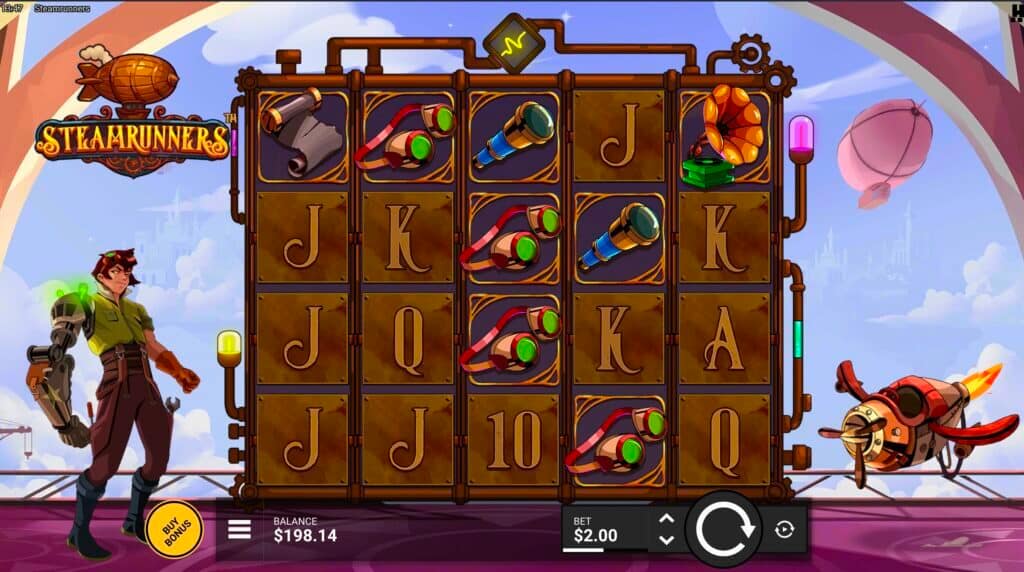 Steamrunners slot base game showing the 5x4 steampunk-themed grid with brass frame, featuring symbols including telescopes, goggles, gas canisters, and card values, with a female Steamrunner character on the left and flying airship on the right against a sky backdrop