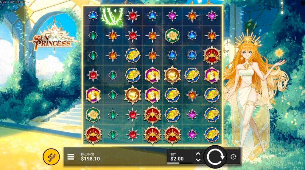 Sun Princess slot base game showing the 7x7 grid filled with colorful gem symbols, Wild symbols with golden frames, and Princess Celeste standing on the right side in a sunny garden setting