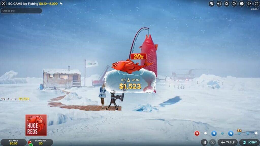 Ice Fishing Live bonus game showing a large red fish with 20x multiplier being caught, displaying a win of $1,523 for player 161 in the Huge Reds bonus round
