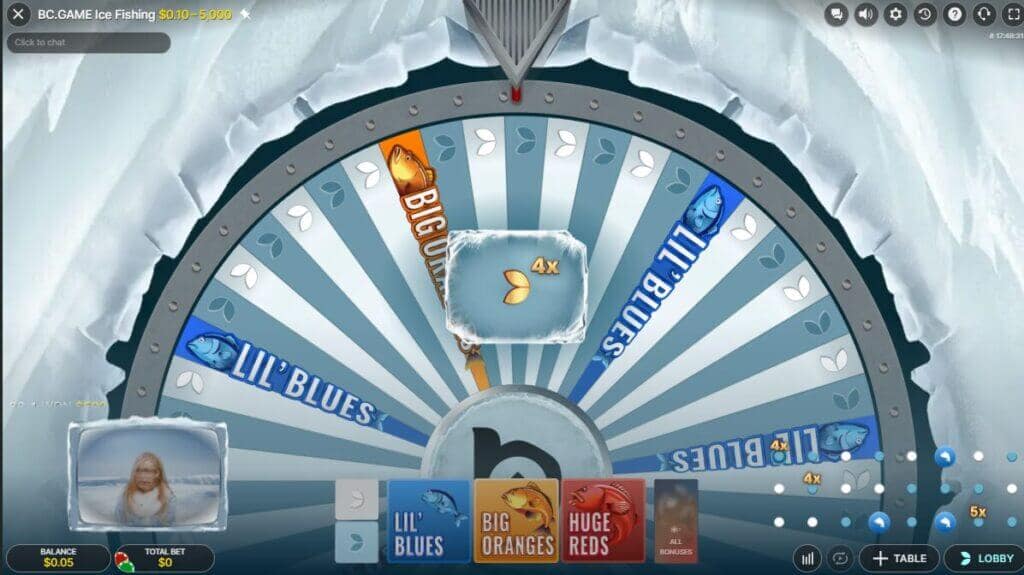 Ice Fishing Live casino game wheel showing a 4x multiplier on an orange leaf segment with the wheel stopped on that position