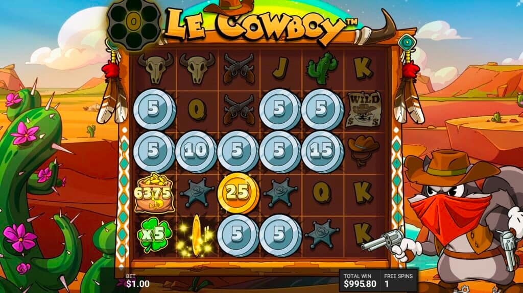 Le Cowboy PISTOLS AT DAWN bonus round showing multiple silver coin symbols (5x, 10x, 15x values), a gold loot bag collecting 6375, a gold coin worth 25x, and a green clover x3 multiplier with Smokey Le Cowboy character wielding dual pistols