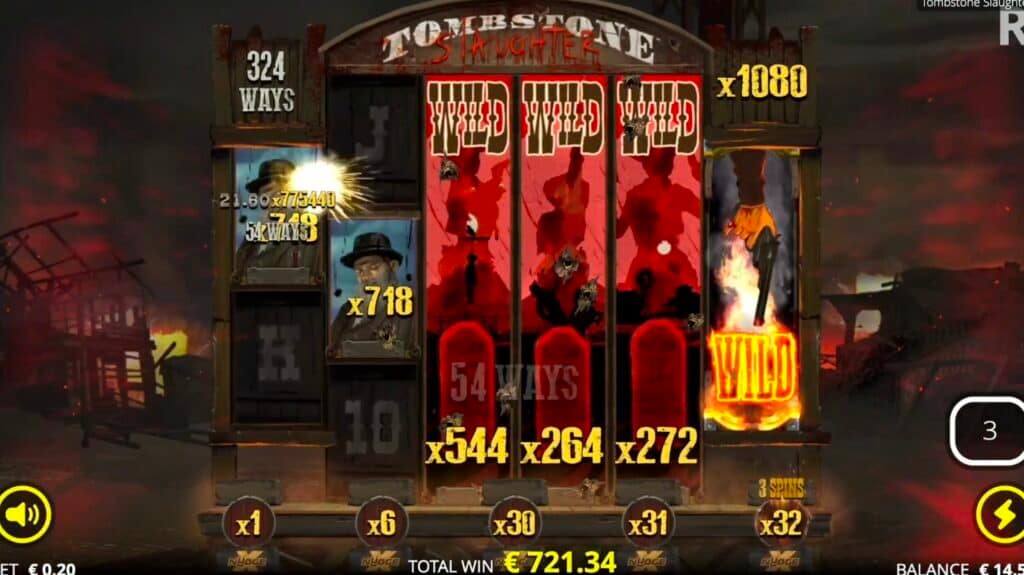 Tombstone Slaughter slot winning screen showing three full-sized wild symbols with x544, x264, and x272 multipliers totaling x1080, plus x718 multipliers on symbols