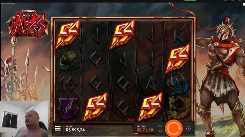 Army of Ares base game displaying five FS scatter symbols landing simultaneously to trigger the ARES ASCENDS Hidden Epic Bonus