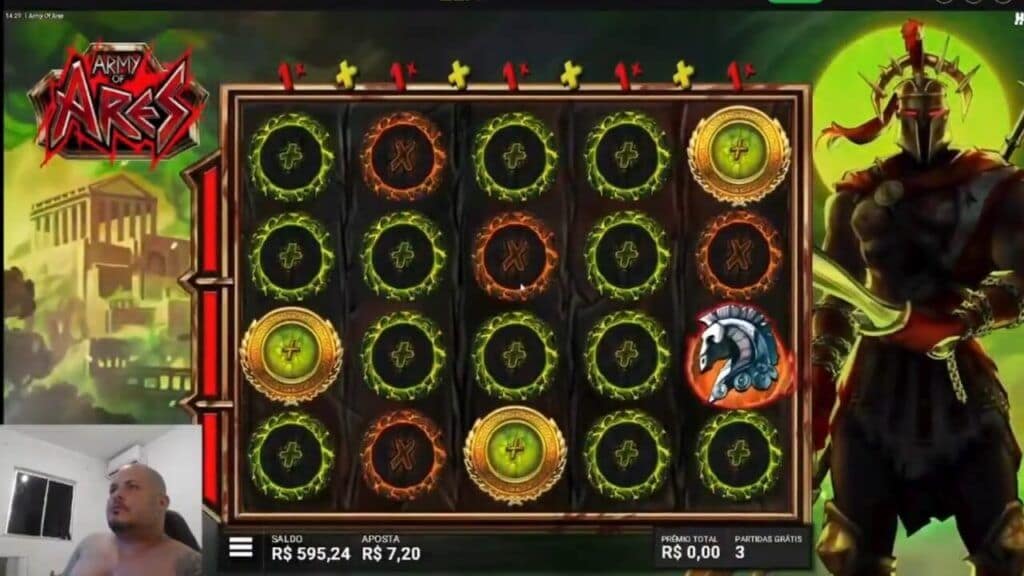 Gameplay during Army of Ares' ARES ASCENDS Hidden Epic Bonus showing the full grid of Green and Red Disc Multipliers with an Epic Green Disc and Battle Horse symbol active, with 3 lives remaining on the Life Meter