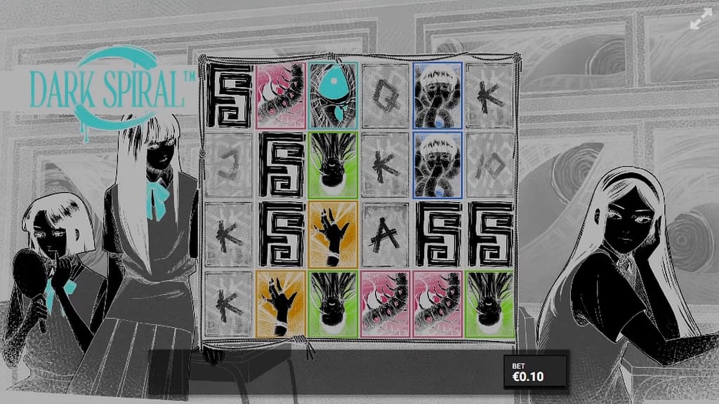Dark Spiral base game showing multiple FS scatter symbols across the 6-reel, 4-row grid with hand-drawn horror-themed symbols and the schoolgirl characters flanking the reels