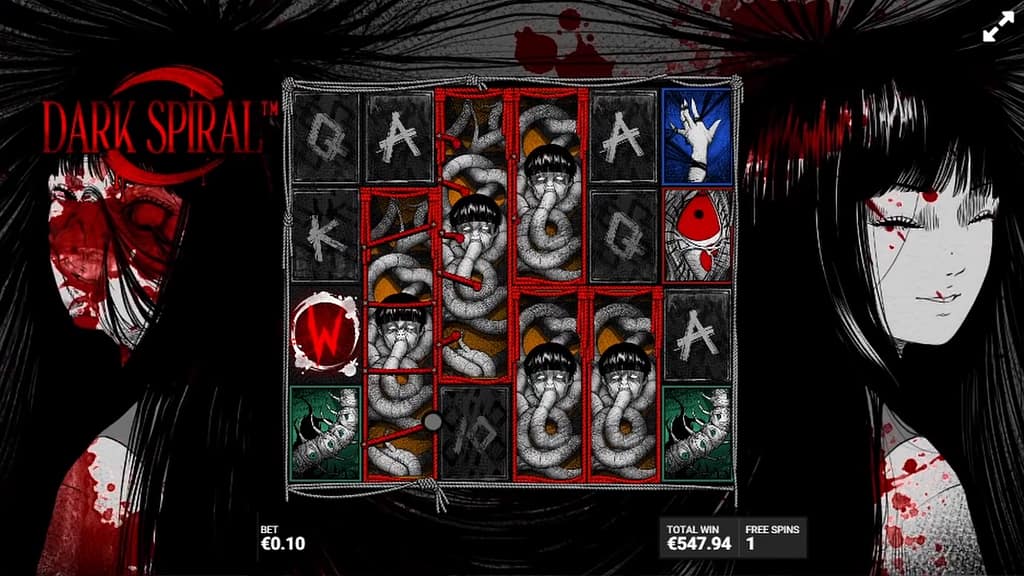 Gameplay during Dark Spiral's TORTURED Hidden Epic Bonus showing multiple expanded Summoning symbols filled with stacked character symbols, a red Wild symbol, and a total win of €547.94 with 1 free spin remaining