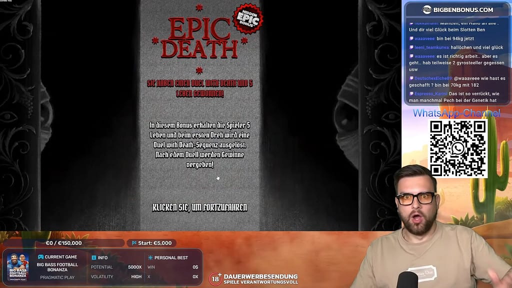 EPIC DEATH Hidden Epic Bonus notification screen on a tombstone confirming 5 lives and a Duel with Death sequence triggered on the first spin, with wins awarded after every Duel
