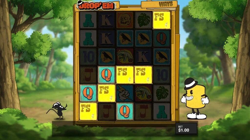 Drop'Em slot base game showing five yellow FS scatter symbols on the grid with Canny the Can and a mouse character