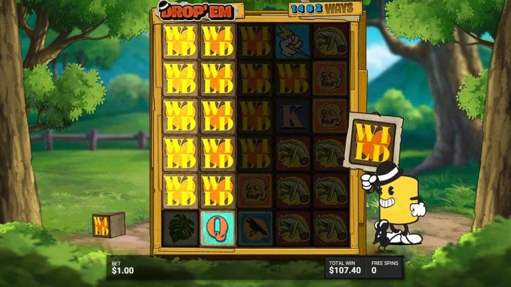 Drop'Em gameplay during the Wild Drop Spins bonus showing multiple WILD symbols filling columns and 1402 ways to win