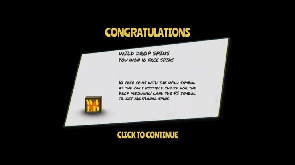 Wild Drop Spins bonus notification screen showing feature details and a WILD symbol