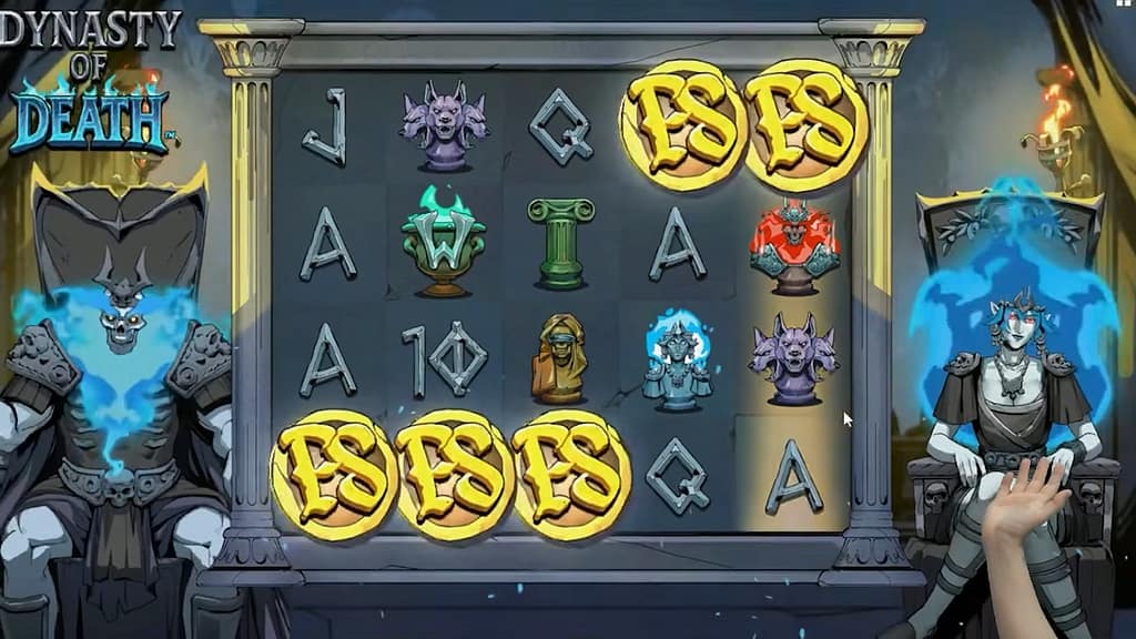 Dynasty of Death base game showing five FS scatter symbols across the 5-reel, 4-row grid with Underworld-themed symbols and Hades and Persephone on their thrones either side of the reels