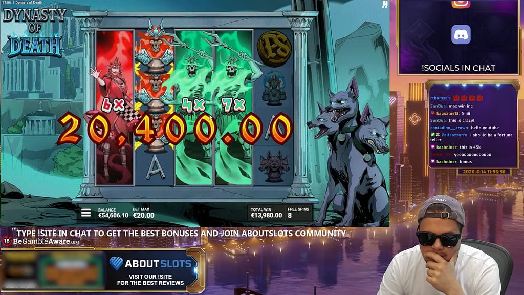 Gameplay during Dynasty of Death's IMMORTAL MATE Hidden Epic Bonus showing multiple expanded DuelReels with dueling multipliers (6x, 4x, 7x) and a 20,400.00 win landing, with 8 free spins remaining