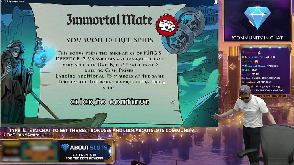 IMMORTAL MATE Hidden Epic Bonus notification screen confirming 10 free spins and explaining that the bonus keeps the KING'S DEFENCE mechanics with 2 VS symbols guaranteed every spin and DuelReels carrying 2 dueling Cash Prizes