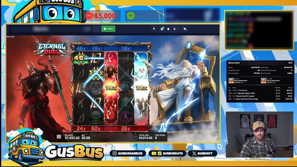 Gameplay during Eternal Duel's ETERNAL DESTRUCTION Hidden Epic Bonus showing top and bottom Reel Multipliers (46x, 60x, 26x and more) with two DuelReels dueling at 19x and 12x, and a total win of $4,513.00