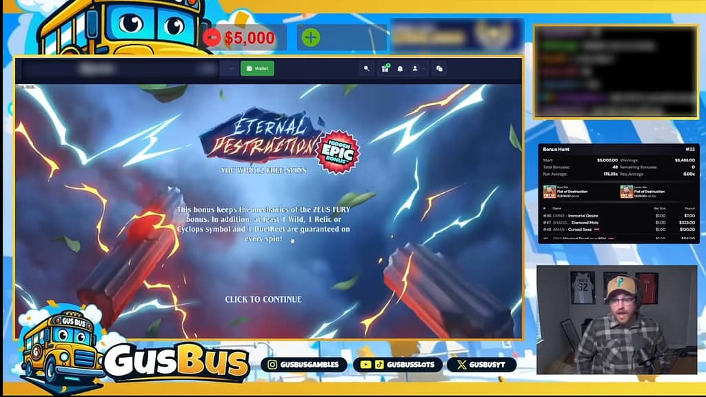 ETERNAL DESTRUCTION Hidden Epic Bonus notification screen confirming 12 free spins and explaining that the bonus keeps the ZEUS FURY mechanics with at least 1 Wild, 1 Relic or Cyclops symbol, and 1 DuelReel guaranteed on every spin