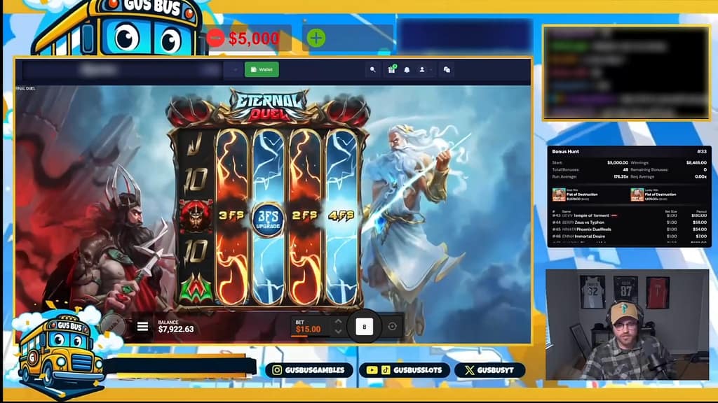 Eternal Duel base game showing FS DuelReels landing with free spin values including a 3FS Upgrade symbol, about to trigger the ETERNAL DESTRUCTION Hidden Epic Bonus