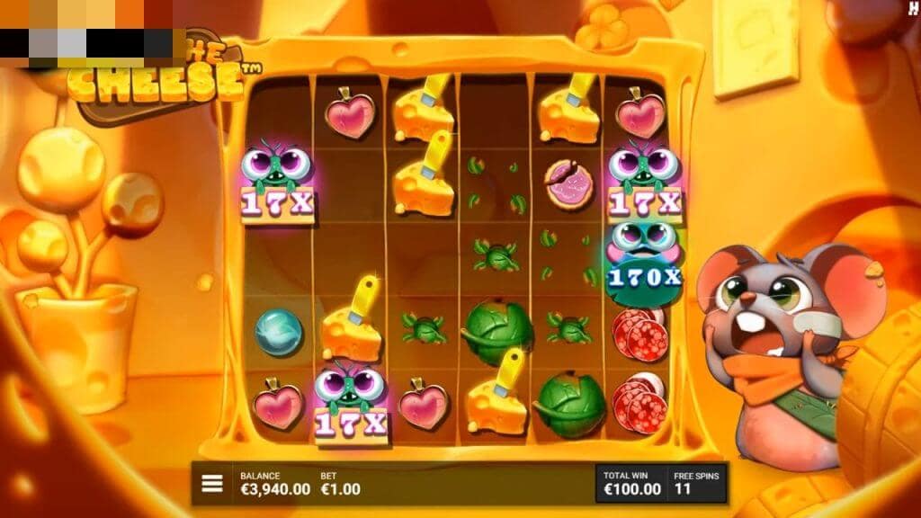 Get the Cheese gameplay during Life's So Gouda bonus showing multiple wild multipliers including a 170x multiplier
