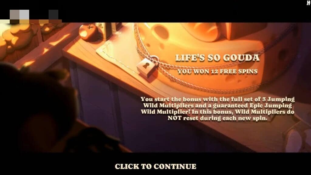 Life's So Gouda bonus notification screen showing feature details and a wheel of cheese