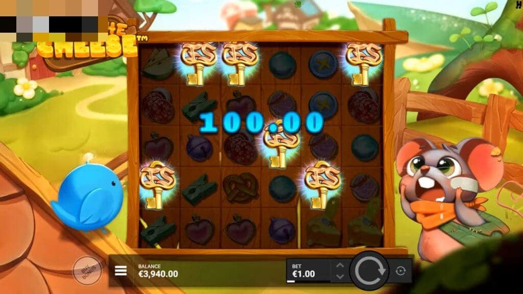 Get the Cheese slot base game showing six FS scatter symbols on the grid with 100.00 win amount displayed and a mouse character