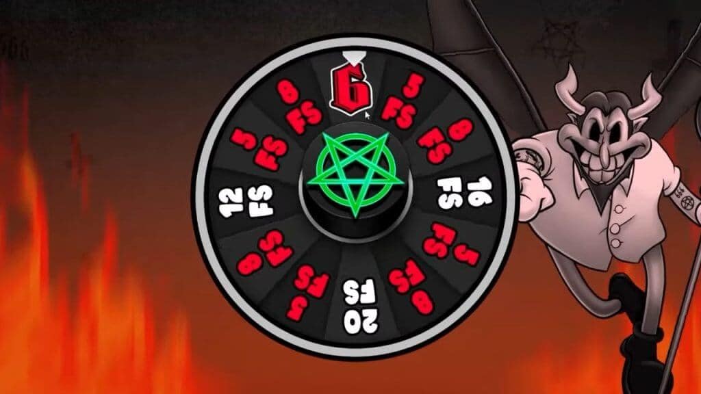 Deal with the Devil wheel in SixSixSix slot showing the number 6 and various free spin amounts with a devil character