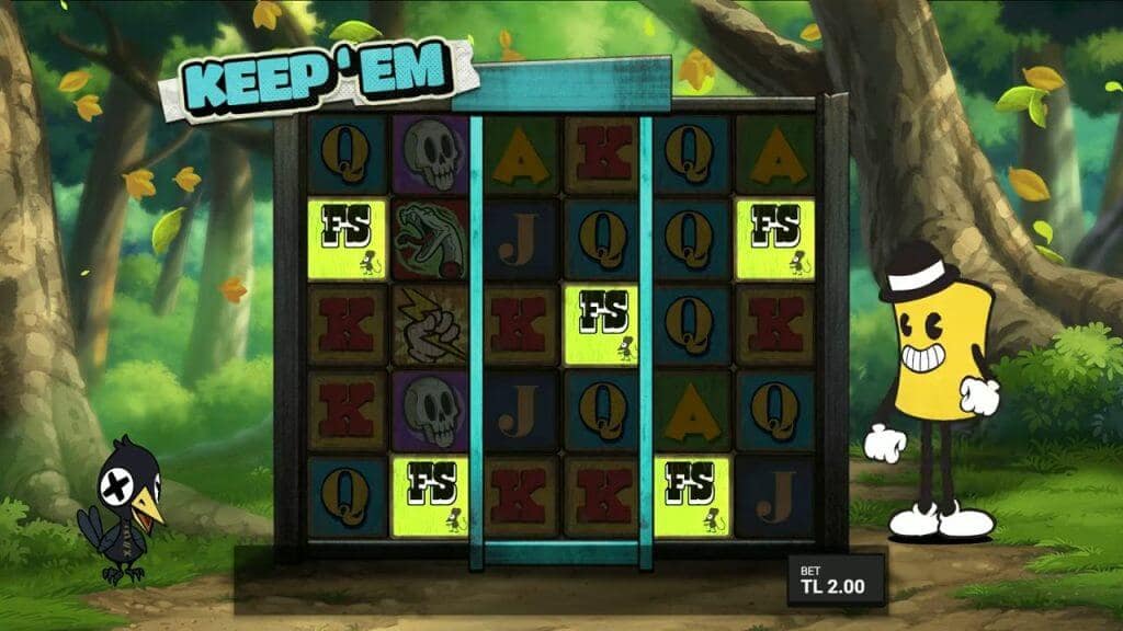 Keep'Em slot base game showing five FS scatter symbols on the grid with cartoon characters including Canny the Can and a crow