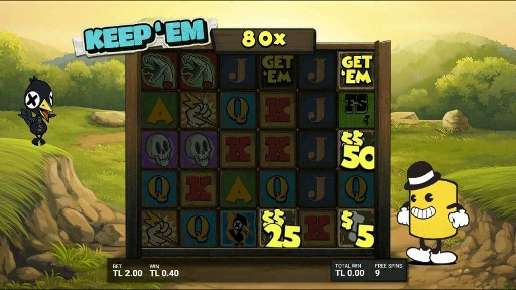 Keep'Em gameplay during the Hidden Epic Bonus showing GET'EM symbols, Cash prize values, and an 80x multiplier