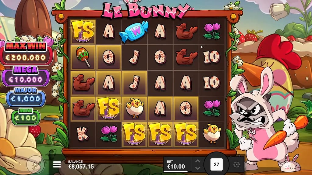 Le Bunny base game showing multiple FS scatter symbols across the 6-reel, 5-row grid alongside the Jackpot Egg values (Mini to Max Win) and the raccoon character in an Easter bunny costume