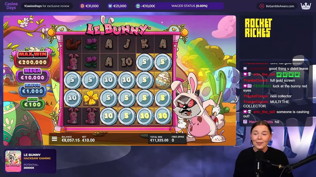 Gameplay during Le Bunny's RAINBOW RICHES Hidden Epic Bonus showing the grid filled with Silver Coins (5x and 10x values), a Gold Clover multiplier, and a Jackpot Egg, with a total win of €11,325.00