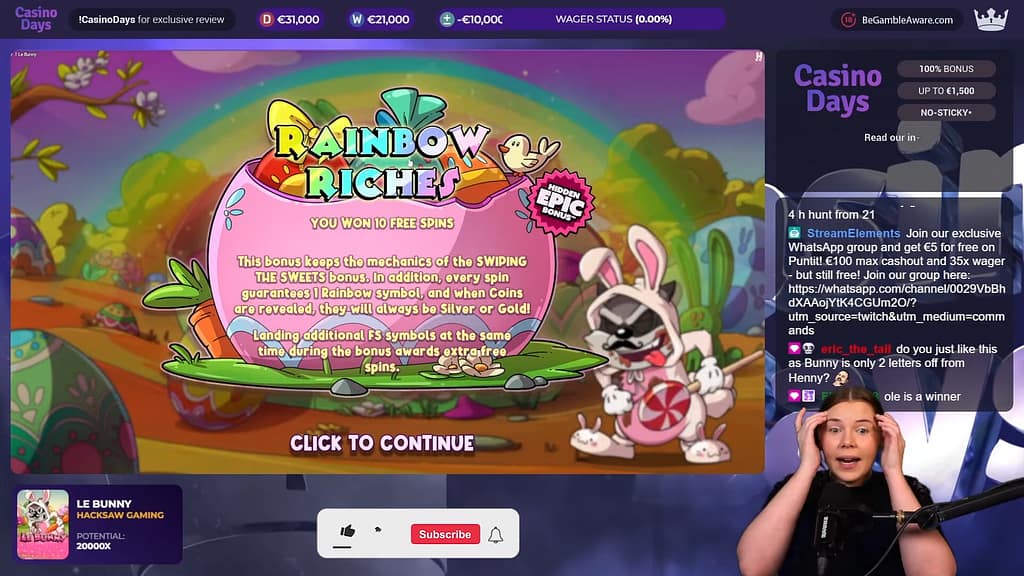 RAINBOW RICHES Hidden Epic Bonus notification screen confirming 10 free spins and explaining that the bonus keeps the SWIPING THE SWEETS mechanics with a guaranteed Rainbow every spin and only Silver or Gold Coins