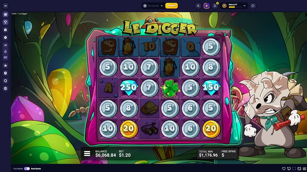 Gameplay during Le Digger's GOLD DIGGER Hidden Epic Bonus showing the grid filled with Silver Coins, Gold Coins (20x), Diamond Coins (150x and 250x), and a green Clover multiplier, with a total win of $1,176.96