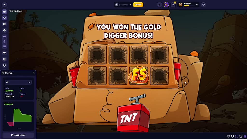 Le Digger "YOU WON THE GOLD DIGGER BONUS" screen showing the excavated grid with dug-out Layer positions, an FS symbol, and the TNT detonator below