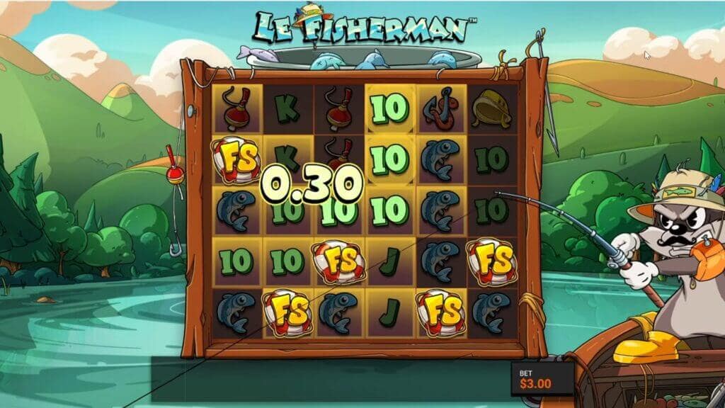 Le Fisherman base game with five FS scatter symbols landing simultaneously across the grid with Golden Squares highlighted to trigger the SMOKEY UNDER WATER Hidden Epic Bonus