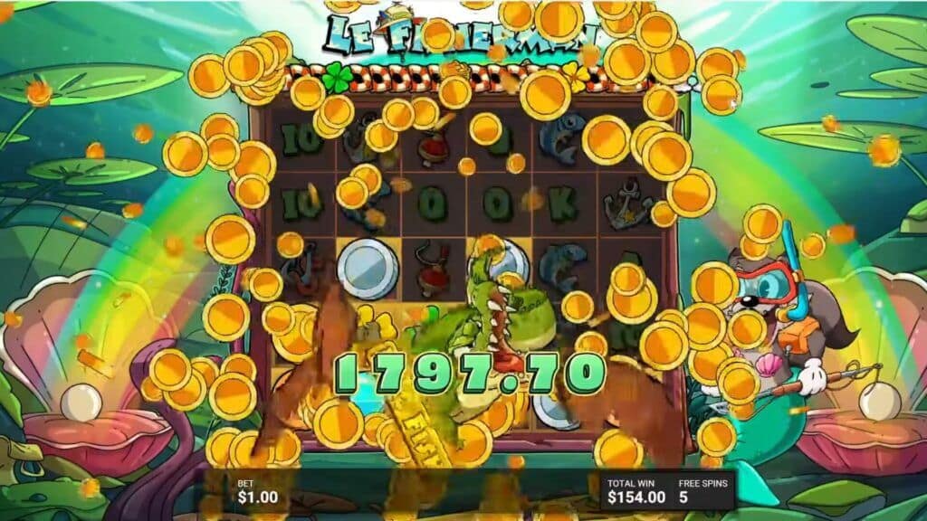 Gameplay during Le Fisherman's SMOKEY UNDER WATER Hidden Epic Bonus showing a $1797.70 win with gold coins exploding across the underwater grid, the Big Catch Bar at maximum level with Gold Clovers active, and a total win of $154.00 with 5 free spins remaining