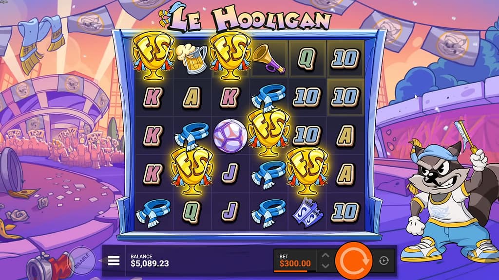 Le Hooligan base game showing five FS trophy scatter symbols across the 6-reel, 5-row grid with football and scarf symbols and the hooligan raccoon character on the right