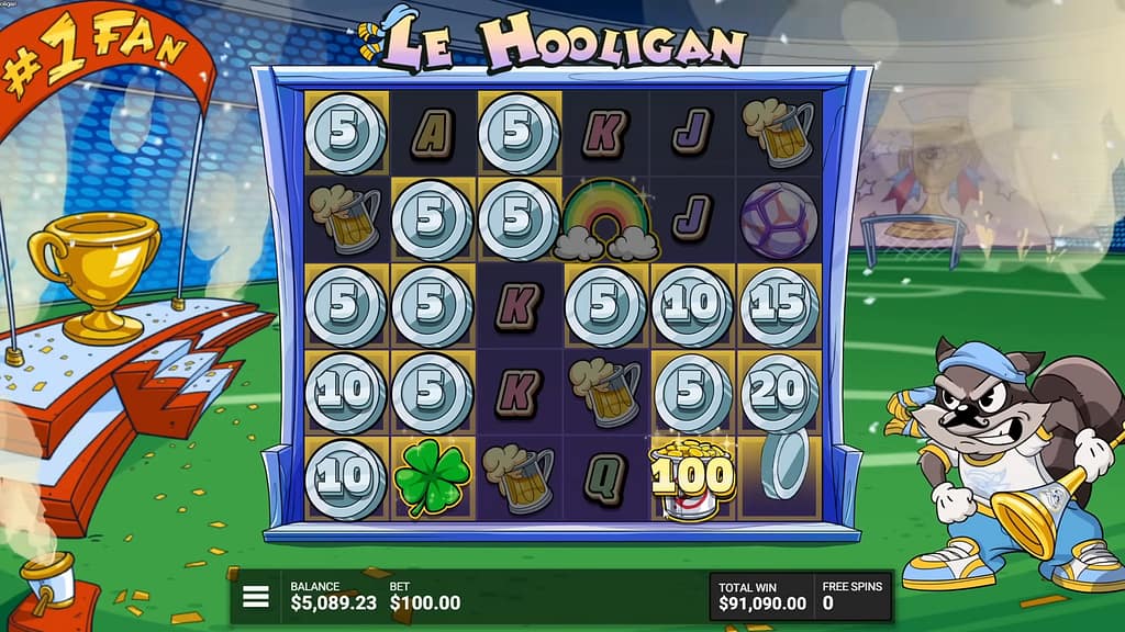 Gameplay during Le Hooligan's TREASURE AT THE END OF THE RAINBOW Hidden Epic Bonus showing the grid filled with Silver Coins, a Rainbow symbol, a Four-Leaf Clover, and a 100x Bucket of Gold collector, with a total win of $91,090.00