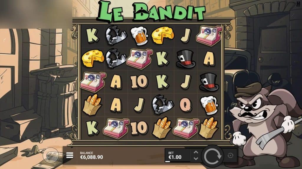 Le Bandit slot base game showing the cartoon raccoon character and a grid filled with various symbols including cameras, cheese, and playing cards