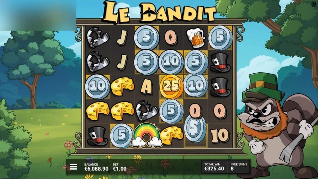 Le Bandit slot during the Hidden Epic Bonus gameplay showing numerous coin values, a rainbow symbol, and the raccoon character dressed as a leprechaun
