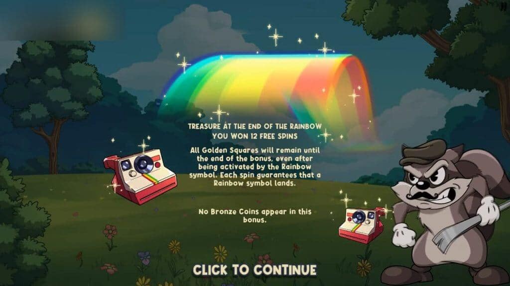 Notification screen for 'Treasure at the End of the Rainbow' Hidden Epic Bonus in Le Bandit slot showing a rainbow and feature explanation