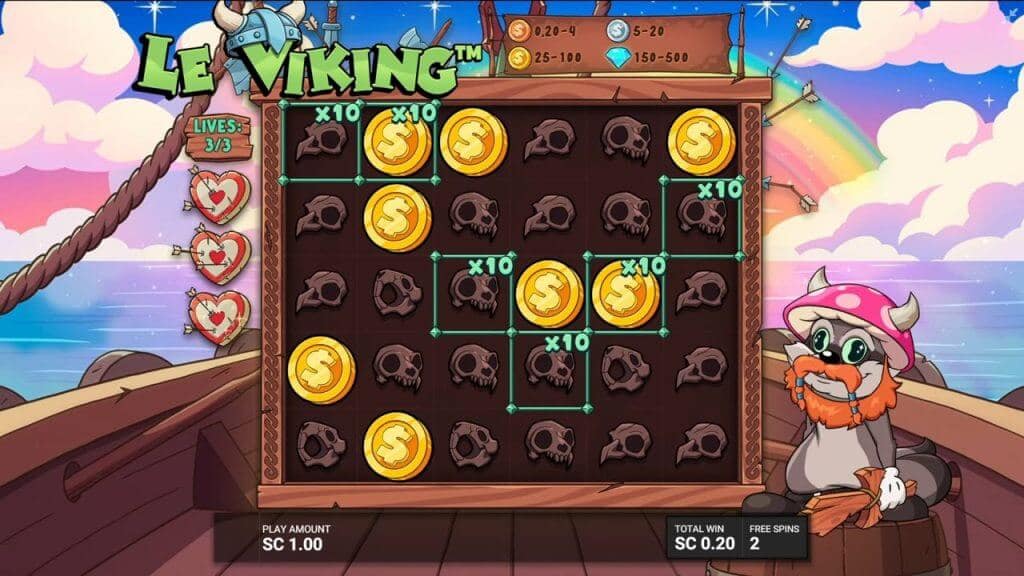 Le Viking gameplay during Journey to Valhalla bonus showing x10 grid multipliers, gold coins, and skull symbols under a rainbow sky