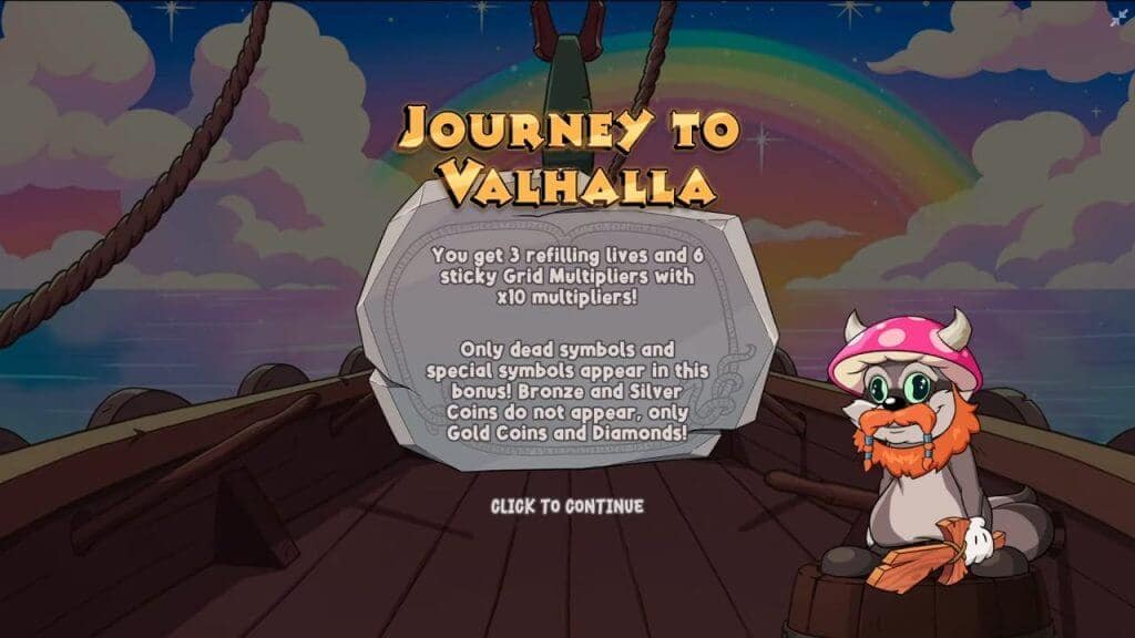 Journey to Valhalla Hidden Epic Bonus notification screen with feature details and a rainbow background