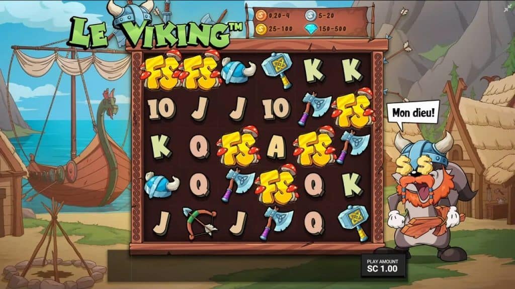 Le Viking slot base game showing six FS scatter symbols on the grid with a surprised Viking character saying 'Mon dieu!