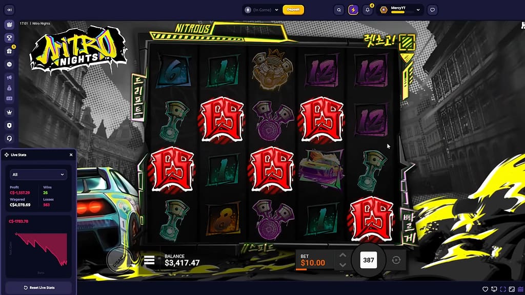 Nitro Nights base game showing five red FS scatter symbols across the 5-reel, 4-row grid with the Nitrous Bar above and street-racing symbols in the underground city setting