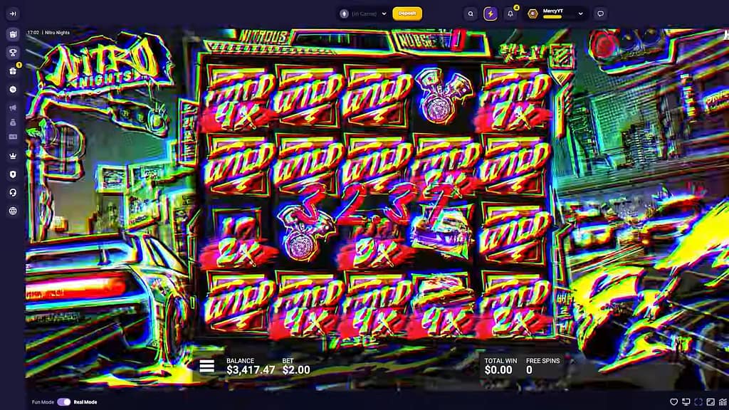 Gameplay during Nitro Nights' FUKUSHIMA Hidden Epic Bonus showing the grid flooded with Wild symbols carrying 1x, 2x, and 4x Position Multipliers as the Nudge chain plays out