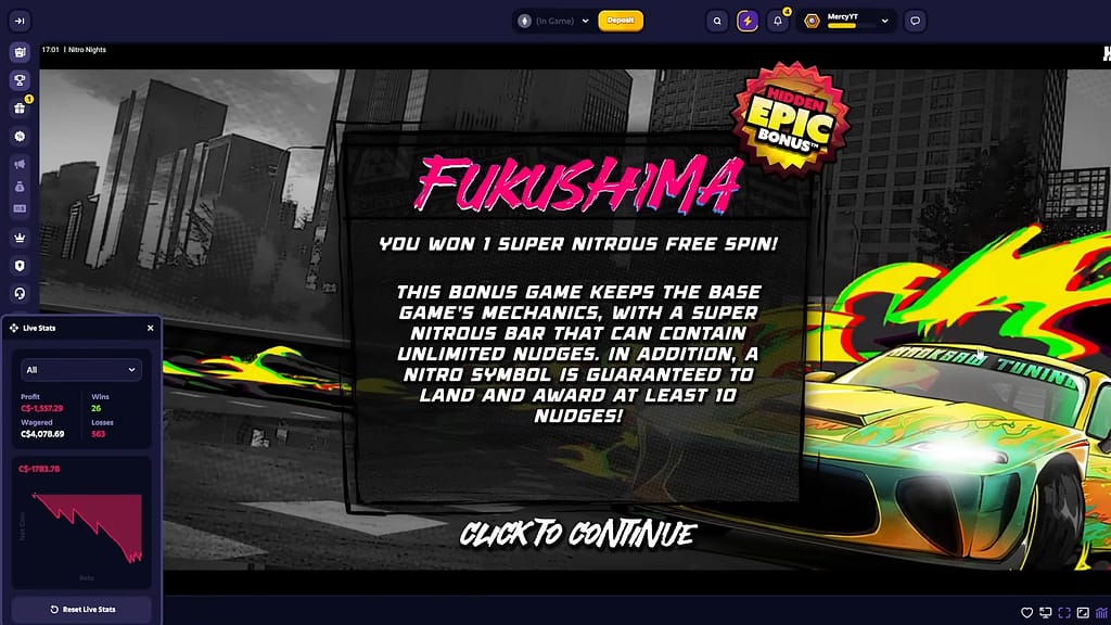 FUKUSHIMA Hidden Epic Bonus notification screen confirming 1 Super Nitrous free spin and explaining that the Super Nitrous Bar holds unlimited Nudges with a guaranteed Nitro symbol awarding at least 10 Nudges