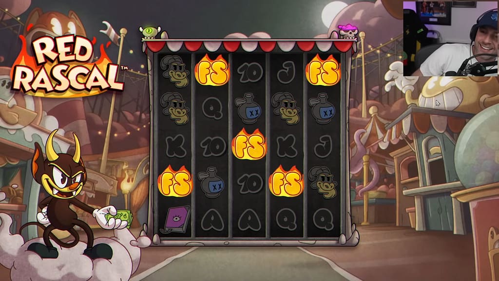 Red Rascal base game showing five FS scatter symbols across the 5-reel, 5-row grid with the little devil character on a cloud and a carnival funhouse backdrop