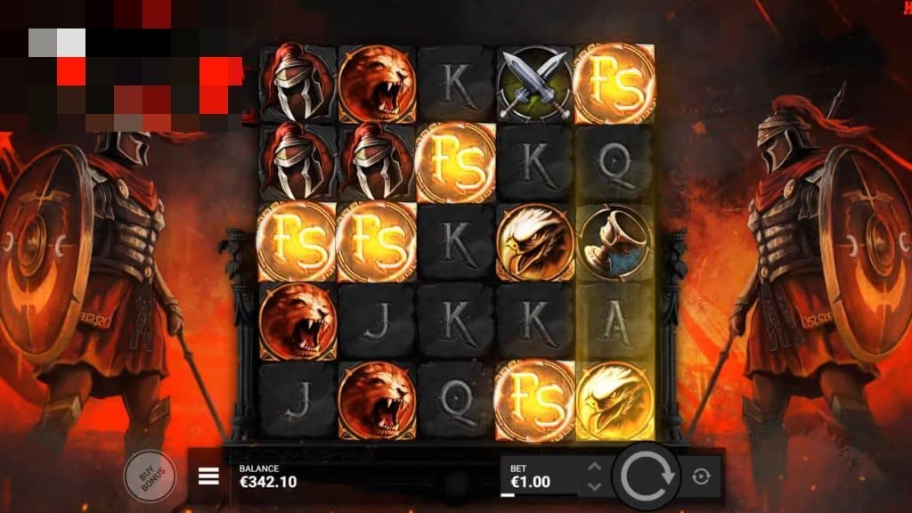 Reign of Rome slot gameplay showing five FS scatter symbols on the reels ready to trigger the Hidden Epic Bonus