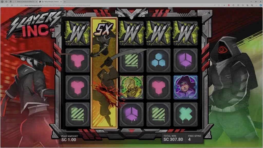Slayers Inc gameplay during the Hidden Epic Bonus showing multiple W wild symbols, a 5X multiplier, and character symbols with a win of 307.80