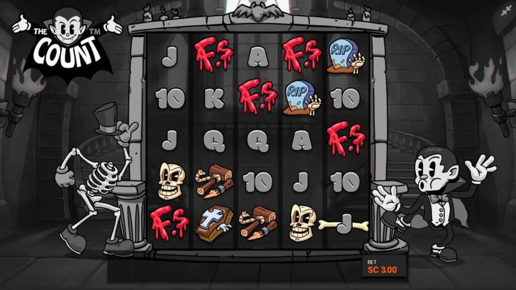 The Count base game showing 5 FS scatter symbols in bloody letters scattered across the reels, triggering the Count on Blood Hidden Epic Bonus