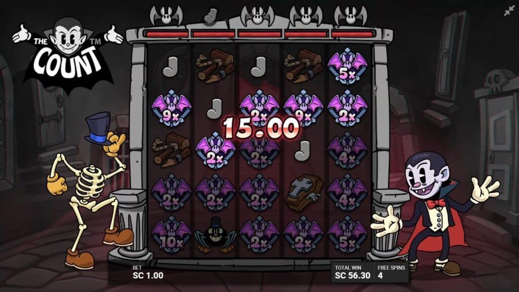 Gameplay during The Count's Count on Blood Hidden Epic Bonus showing the grid filled with Wild Bat symbols displaying various multipliers (2x, 5x, 9x, 10x) and a 15.00 win displayed on screen
